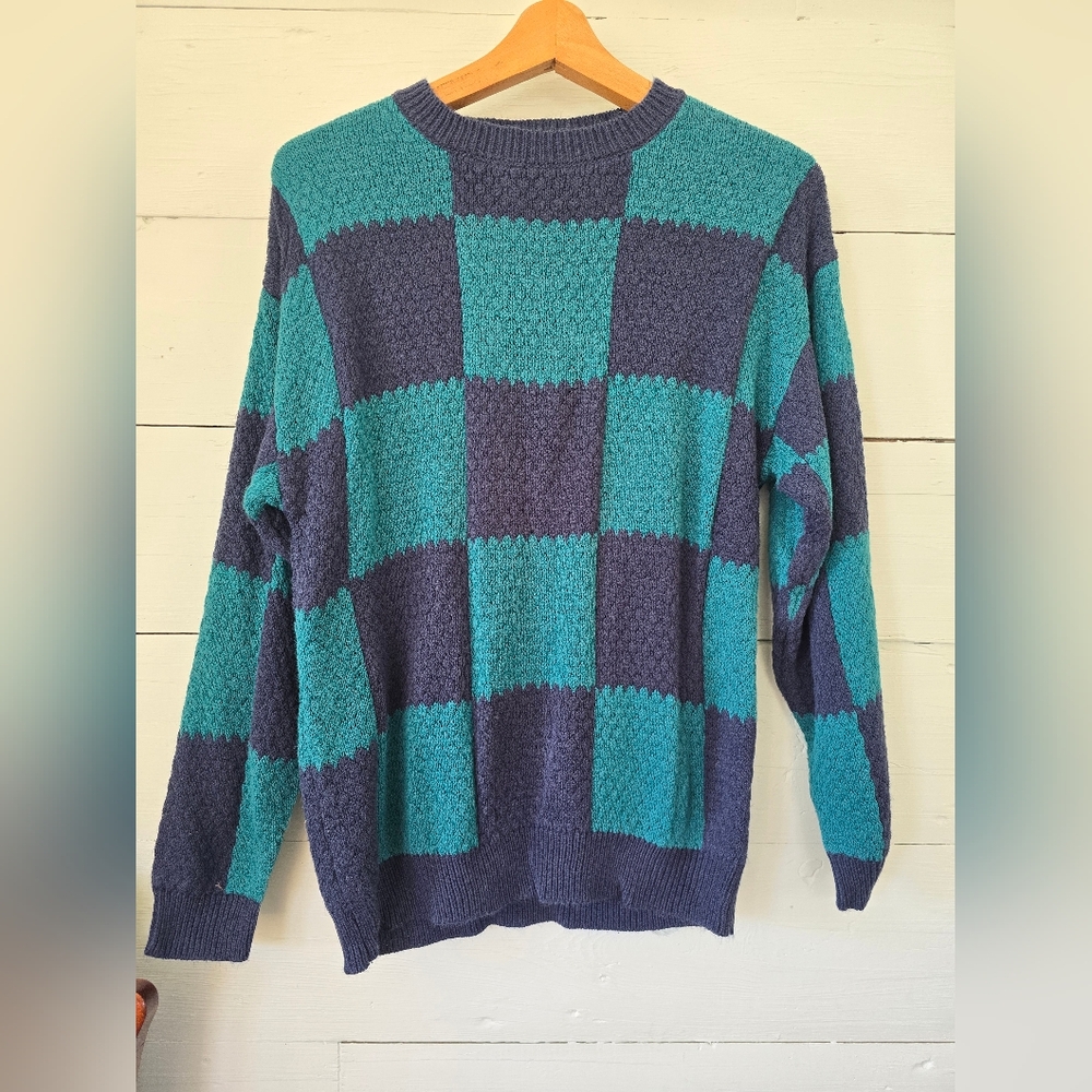 Wild Fable Navy And Teal Checkered Crew Neck  Acrylic/cotton Sweater Women's XS